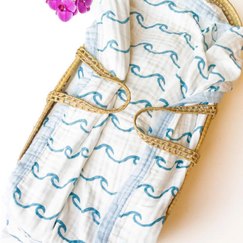 Endless Wave – Blue Trim | 6-Layer Organic Bamboo Muslin Baby Blanket – Coca + B.