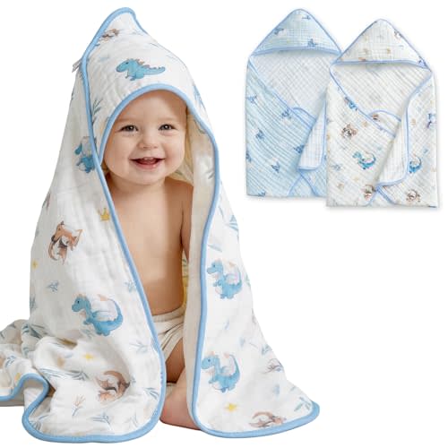 2 Pack Hooded Baby Bath Towels | 32x32 Inches|100% Cotton|Blue Castle & Baby Dragon|Soft Absorbent Baby Bath Towels|Baby Essentials|Shower Registry Gift