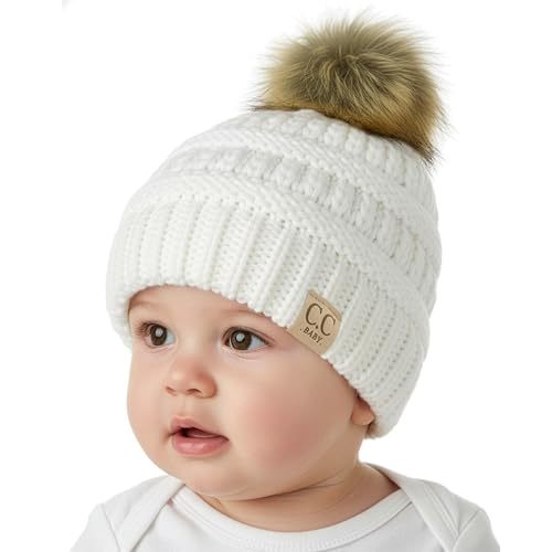 Funky Junque Baby Pom Pom Beanie – Soft Knit Infant Winter Hat for Baby Girls & Boys, Cozy Warm Newborn Beanie 0–12 Months