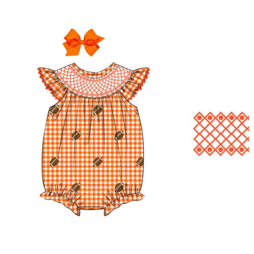 Girls Orange Gingham Footballs Smocked Bubble – Little Bear Smocks