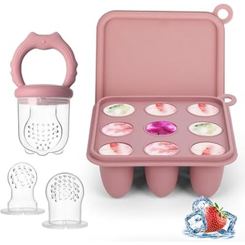Baby Fruit Food Feeder Breastmilk Popsicle Molds, Silicone Food Freezer Tray for Cooling Teething Relief, Baby Food Feeder for Safe Infant Self Feeding, Includes 3 Extra Food Pacifier