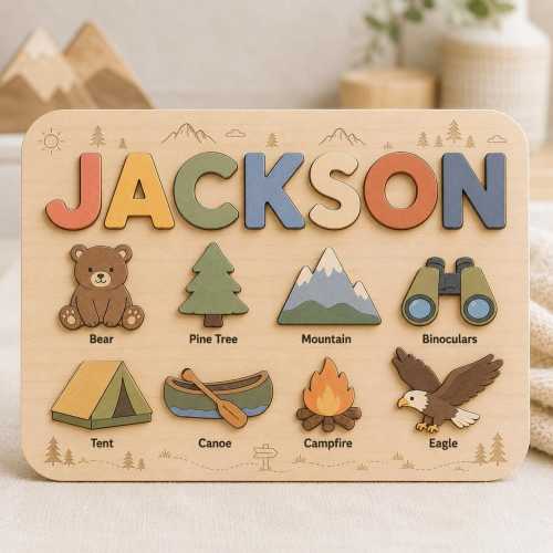 Personalized Woodland Adventure Name Puzzle, Wooden Name Puzzle for Kids, Camping Nursery Decor, Custom Baby Name Gift