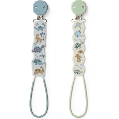 Moonkie Flat Silicone Pacifier Clips (2-Pack) – One-Piece Strap Holders, Binky Clips for Baby Boys & Girls, Gift-Ready Baby Essentials (Dino & Deep Sea)