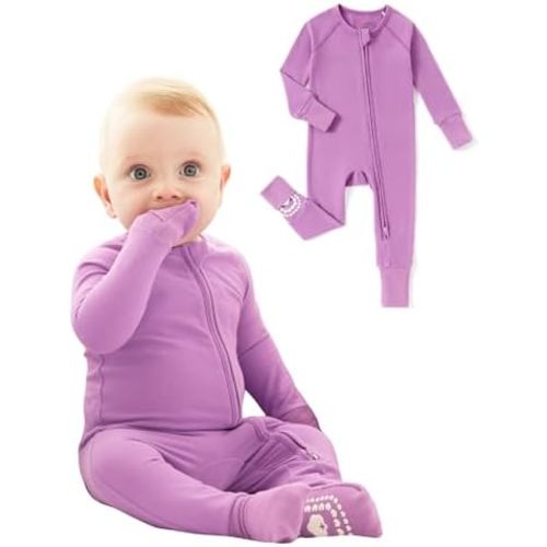 PATPAT Organic Cotton Baby Footie Pajamas with Two-Way Zipper & Fold-Over Mittens, Soft Stretchy Romper for Newborn Boy Girl