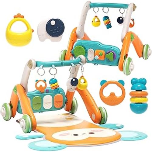 2 in 1 Baby Gym with Walker,Baby Play Mat with 5 Infant Learning Sensory,Double-Sided Multifunctional Removable Play Piano Panel,Sit-to-Stand Learning Walker for 0-24 Months Boy Girl [Orange]