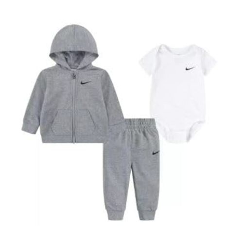 Nike Baby Boy Full Zip Hoodie, Bodysuit And Sweatpants 3 Piece Set (G(56L940-042)/W) (Grey, 6 Months)