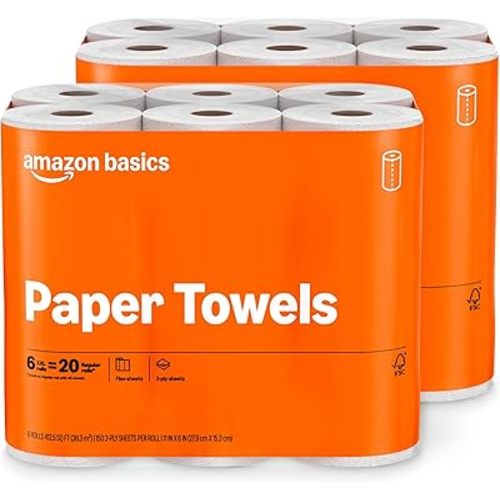 Amazon Basics 2-Ply Flex-Sheets Paper Towels, 12 Basics Rolls = 40 Regular Rolls, Everyday Value with 150 Sheets per Roll, Packaging May Vary