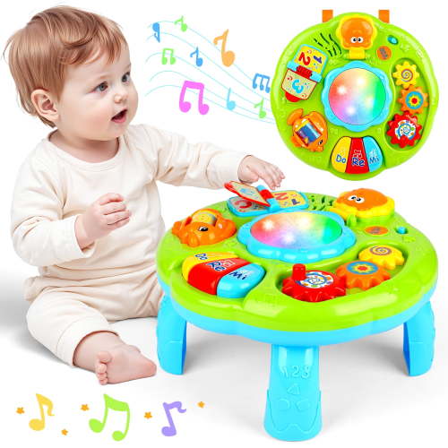 Hot Bee Baby Musical Activity Table, Light & Sound Learning Drum Toy with Piano, Flip Book & Animal Mirror, Multifunction Toddler Play Center for 6-24 Months Boys Girls Birthday ChristmasToy Gifts