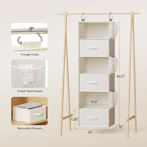 Pipishell Hanging Closet Organizer 6-Shelf, Hanging Shelves for Closet with 3 Removable Drawers & Side Pockets, Hanging Shelf Organizer for Bedroom or Garment Rack, 12'' x 12'' x 43.3'', White - Inseparable