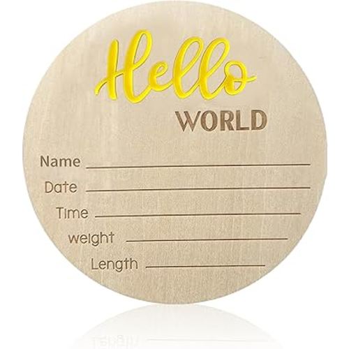 Baby Announcement Sign, ​5.9 Inch Wooden Hello World Newborn Signs, Birth Announcement Sign, Baby Shower Hospital Nursery for Newborn Boys and Girls… (Yellow)