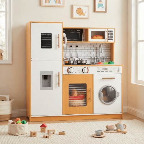 Pirecart Play Kitchen for Kids, Toddler Wooden Chef Pretend Cooking Playset with Simulated Sound, Sink, Stovetop, Microwave, Washing Machine, Gifts for Age 3+ Boys and Girls, Natural