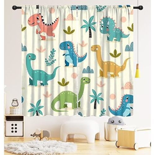 Dinosaur Kids Curtains, Cute Dinosaur Blackout Curtain, Cartoon Dino Pattern Window Treatments Drapes for Nursery Boys Girl Bedroom Children Room Decor 21" W x 45" L (Pack of 2)