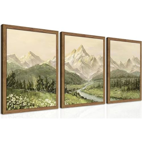 Framed Mountain Wall Art for Living Room, Green Nature Landscape Canvas Wall Decor Set of 3, Vintage Forest Rustic Farmhouse Prints Pictures Paintings for Office Bedroom 12x16 Inch