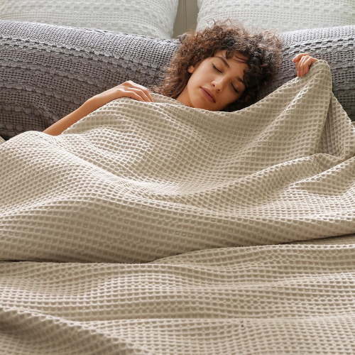 PHF Ultra Soft Waffle Weave Blanket Queen Size, Washed Lightweight Summer Breathable Blankets for Hot Sleeper, Khaki, 90x90 inches
