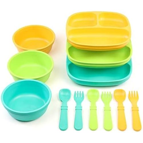 Re-Play 3 Divided Toddler Plates, 3 Utensils Set and 3 Wide Base Bowls - Dishwasher and Microwave Safe - Made in USA - Aqua Asst