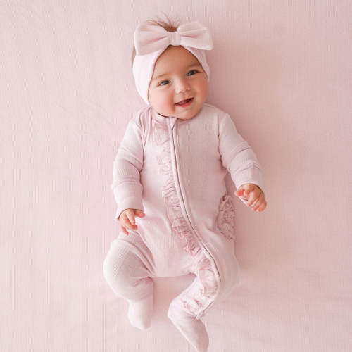 Solid Pink Long Sleeve Icing Pink Pointelle Footie Ruffled Zippered One Piece | Posh Peanut®