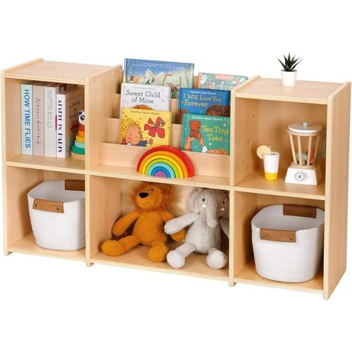 OOOK Montessori Bookshelf and Toy Storage Organizer, 2-Tier Horizontal Bookshelf, 5-Compartment Toy Storage Cabinet with Book Rack, Ideal Choice for Kids Classroom Organizer, Playroom and Daycare