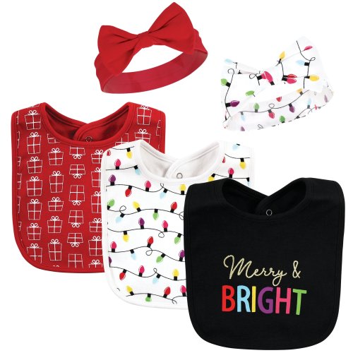 Hudson Baby Infant Girls Cotton Bib and Headband or Caps Set, Merry And Bright, One Size - Merry And Bright - One Size