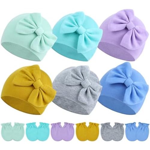 Cinaci 6 Sets Bow Turban Hats Nursery Caps Bonnets with No Scratch Mittens Gloves for 0-6M Baby Girls Newborns Infants