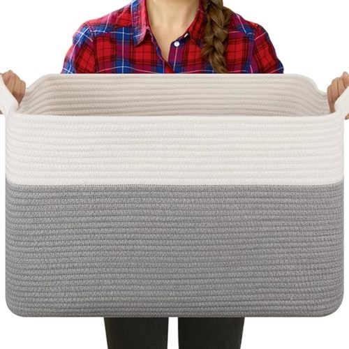 Blanket Basket for Living Room, Cotton Rope Basket for Storage, Toy Baskets Bin for kids, Woven Baskets with Handles for Clothes, Towels, Pillows, 20" x 16" x 12", Grey and White