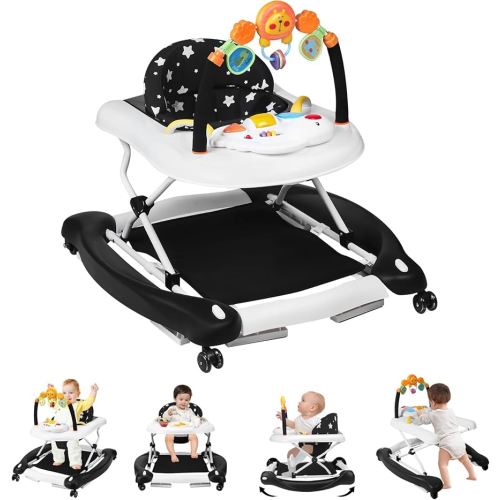 Baby Walker, 5 in 1 Baby Walkers for Boys Girls 6-12 Months, Foldable Walkers for Babies with Bouncer & Feeding Tray, Music, Adjustable Heights, Activity Walker for Infant