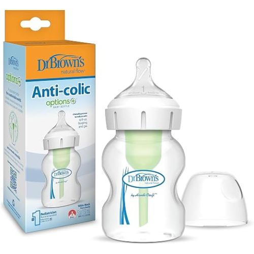 Dr. Brown’s Natural Flow® Anti-Colic Options+™ Wide-Neck Baby Bottles 5 oz/150 mL, with Level 1 Slow Flow Nipple, 4 Pack, 0m+