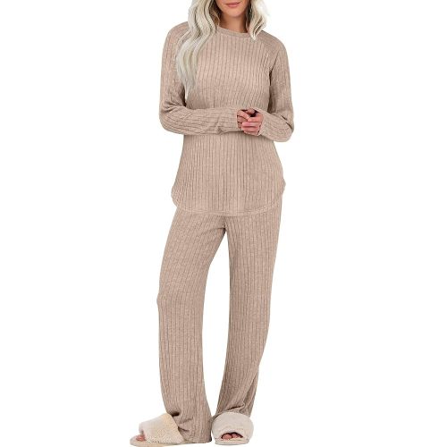 ANRABESS Womens 2 Piece Lounge Pajama Sets Ribbed Knit Long Sleeve Tunic Tops Matching Pants Casual Fall Sleepwear Outfits