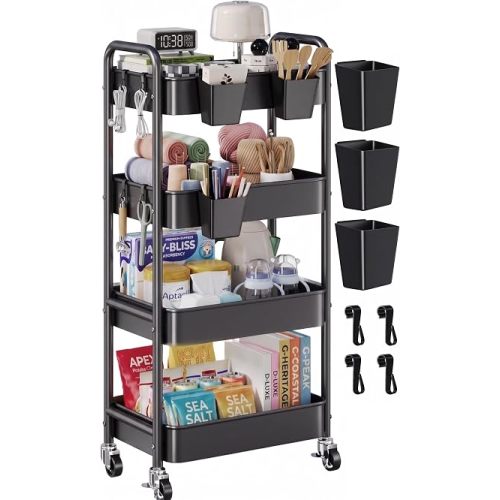 4 Tier Rolling Cart Metal with Wheels, Black Storage Carts,38in Tall