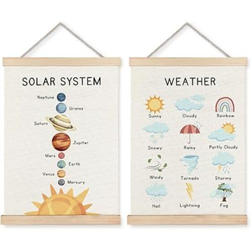 Supwhd Solar System Space Wall Decor, Nursery Wall Decor, Space Weather Chart Wall Art Educational Poster for Kids Room Classroom Preschool Decor, 12x16 Set of 2