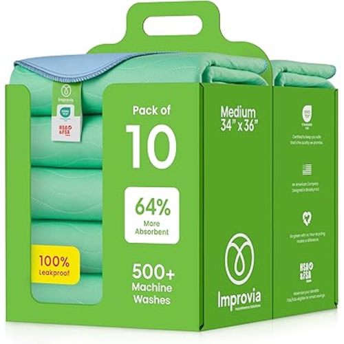 IMPROVIA® Washable Underpads, 34" x 36" (Pack of 10) - Heavy Absorbency Reusable Bedwetting Incontinence Pads for Kids, Adults, Elderly, and Pets Waterproof Protective Pad for Bed, Couch, Sofa, Floor