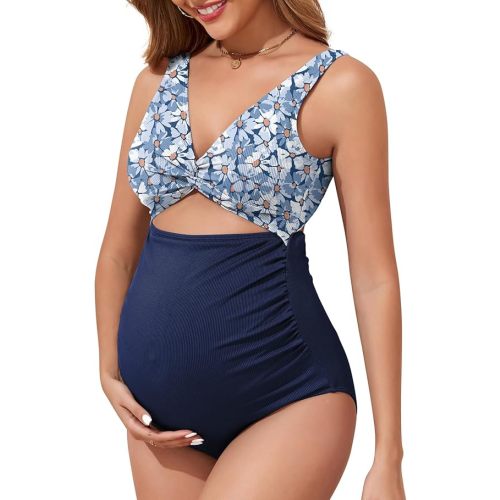 Maternity One Piece Swimsuits for Women - Ribbed Cutout High Waist Maternity Bathing Suits Tie Knot Pregnancy Swimwear
