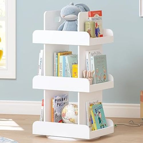Spirich Kids Rotating Bookshelf Tower, Spinning Bookcase Lazy Susan with Book Display, 3 Tier Revolving 360 Book Shelf Storage, Vertical Rotate Turning Corner Organizer, White