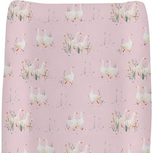 Pastel Geese Pink Flowers Changing Pad Covers for Baby Girl Boy Duck Floral Leaves Fitted Change Table Cover Mats Boho Spring Farm Animal Soft Diaper Changing Pad Sheets for 32''×16'' Contoured Pad