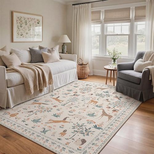 BESBLEE 8x10 Animal Print Nursery Playroom Rug Machine Washable Floral Low Pile Carpet, Non-Slip Non-Shedding Pet Friendly Rug for Living Room Playroom Nursery Bedroom Dining Room, Beige