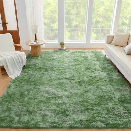 6x9 Fluffy Shag Faux Fur Area Rug for Living Room Bedroom, Tie-Dyed Army Green High Pile Soft Plush Shaggy Furry Bedside Playroom Dorm Carpet, Non-Slip, Non-Shedding Modern Indoor Floor Rug