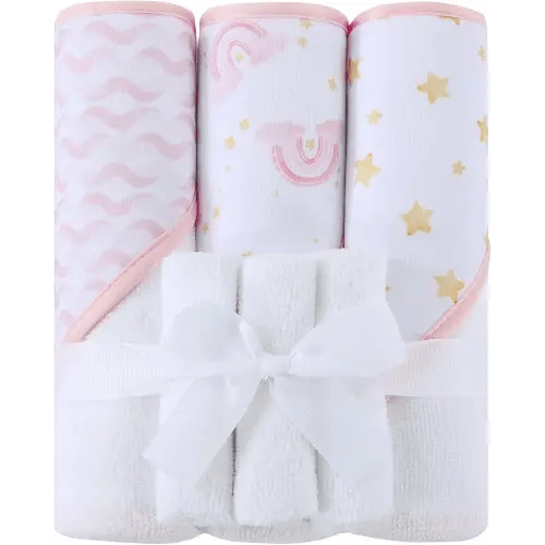 Viviland 6 Pcs Hooded Baby Towels and Washcloths Set, Super Gentle Bath Towels for Newborn Face & Body, Absorbent Wash Cloth for Infants Girls, Pink-Rainbow Pattern, 28 x 28 inch