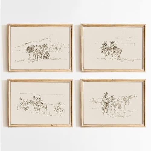 Western Cowboy Wall Art Vintage Canvas Wall Decor Prints Neutral Wall Art Southwest Cowboy Poster Black White Sketch Painting Western Vintage Pictures for Bedroom Bathroom 8x10 Inch Unframed Set of 4