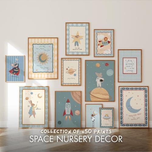 Space Nursery Bundle of 50, Solar System, Baby Boy Room Decor, Kids Room Wall Art, Prints Collection