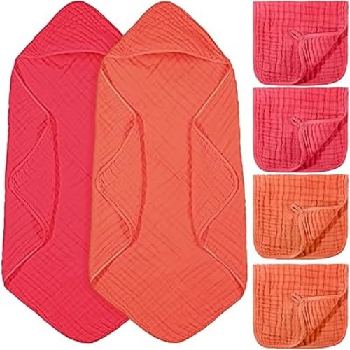 VitalCozy 6 Pcs Baby Muslin Hooded Bath Towels and Washcloths, 32 x 32 Inch Muslin Cotton Hooded Baby Towels Absorbent Blankets for Gift Newborn Infant Shower (Cherry Red,Coral)