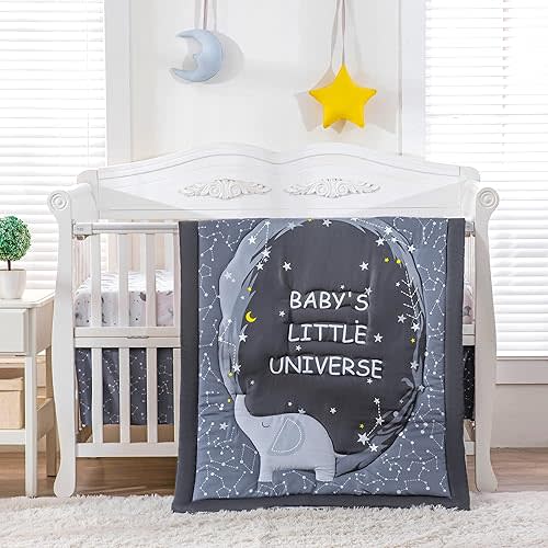 3Piece Baby Crib Bedding Set for Boys Elephant Moon Star Themed Nursery Bedding Crib Sets for Boys Soft Breathable Included Comforter Fitted Sheet Crib Skirt,Grey