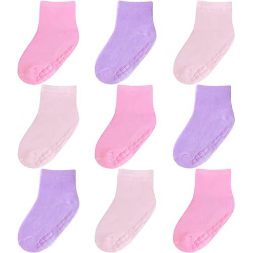Baby Mid-Crew Socks with Grips (9 Pairs) for 0-7 Years Old Toddler Boy Girl Kids