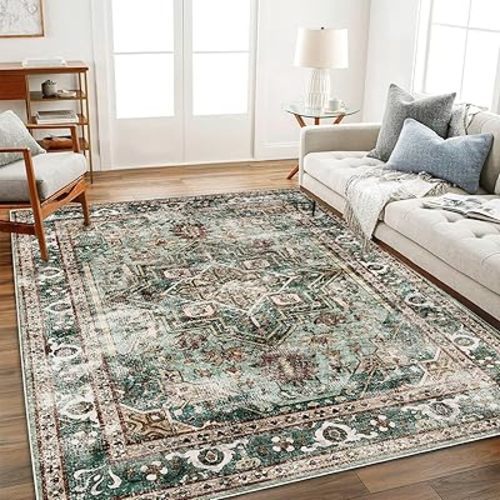 Washable Area Rug 5'x7' Green Retro Boho Chic Medallion Distressed Design Living Room Indoor Non-Slip Large Oriental Accent Throw Rugs for Kitchen Bedroom Office Carpet