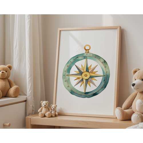 Compass Nursery Pictures | Watercolour Nautical Poster | Teal Gold Adventure Wall Art Print