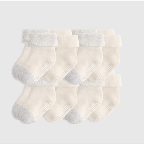 Organic Cotton Gripper Fold Over Socks 8-Pack - Baby in White/Grey