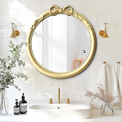 27" Inch Gold Round/Circle Mirror, Decorative/Irregular Baroque Vintage Mirror, Wall Mounted Mirror with Ornamental Bow Tie for Entryway Fireplace Living Room Hallway Bathroom