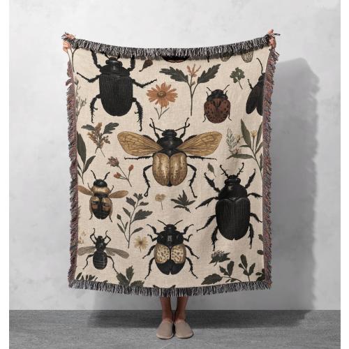 100% Cotton Insect Woven Blanket, Vintage Beetle Tapestry, Nature-Inspired Home Decor, Cottagecore Throw, Entomology Gift for Mom