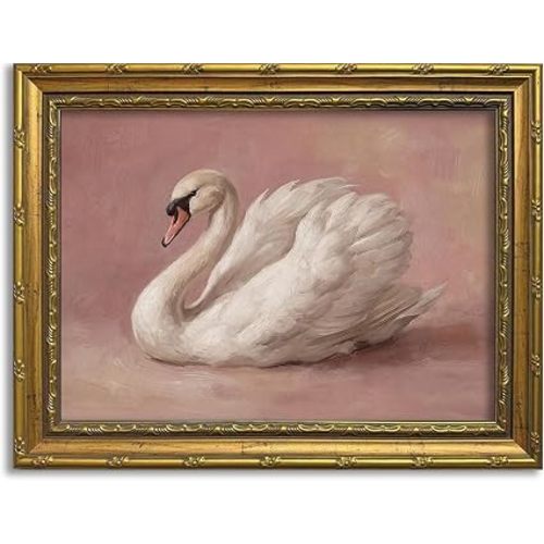 DR.RiftArt Vintage Wall Art Gold Framed Pink Swan Decor Goose Painting | Elegant Animal Picture, Rustic Farmhouse Style, for Living Room Bedroom Office 12x16 inch