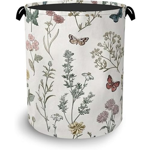 Wildflowers Butterfly Laundry Basket,Herb Plants Oxford Cloth Laundry Hamper with Handle Foldable Portable Clothes Storage Basket for Bathroom Bedroom Dorm Room 16" x 20.8"