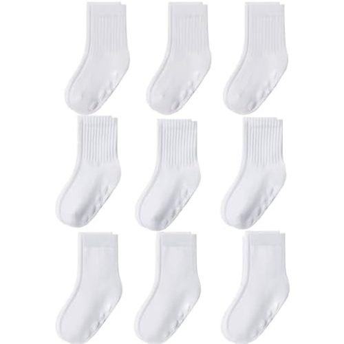 9 Pairs Baby Toddler Socks Crew Sock Ruffle Dress Non Slip Grip Cute Cotton for Infant Newborn Boys Girls White