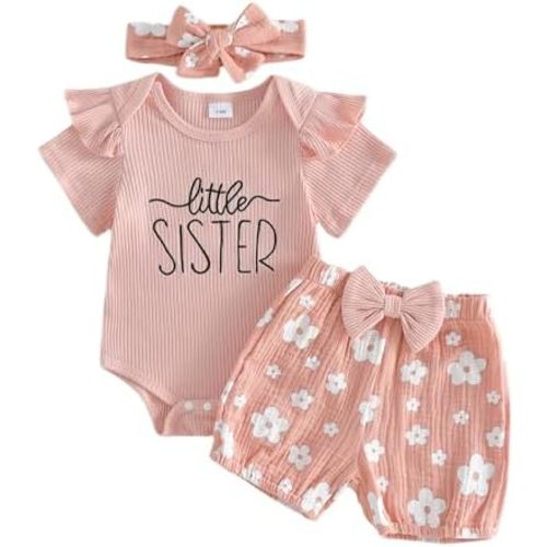 Newborn Baby Girl Summer Outfit Set Little Sister Lil Sis Short Sleeve Ribbed Romper Flower Shorts Infant Clothes